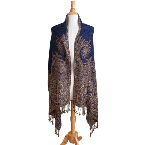 Blue & Gold Floral Paisley Large Reversible Scarf / Wrap / Shawl with Fringe - Picture 5 of 10